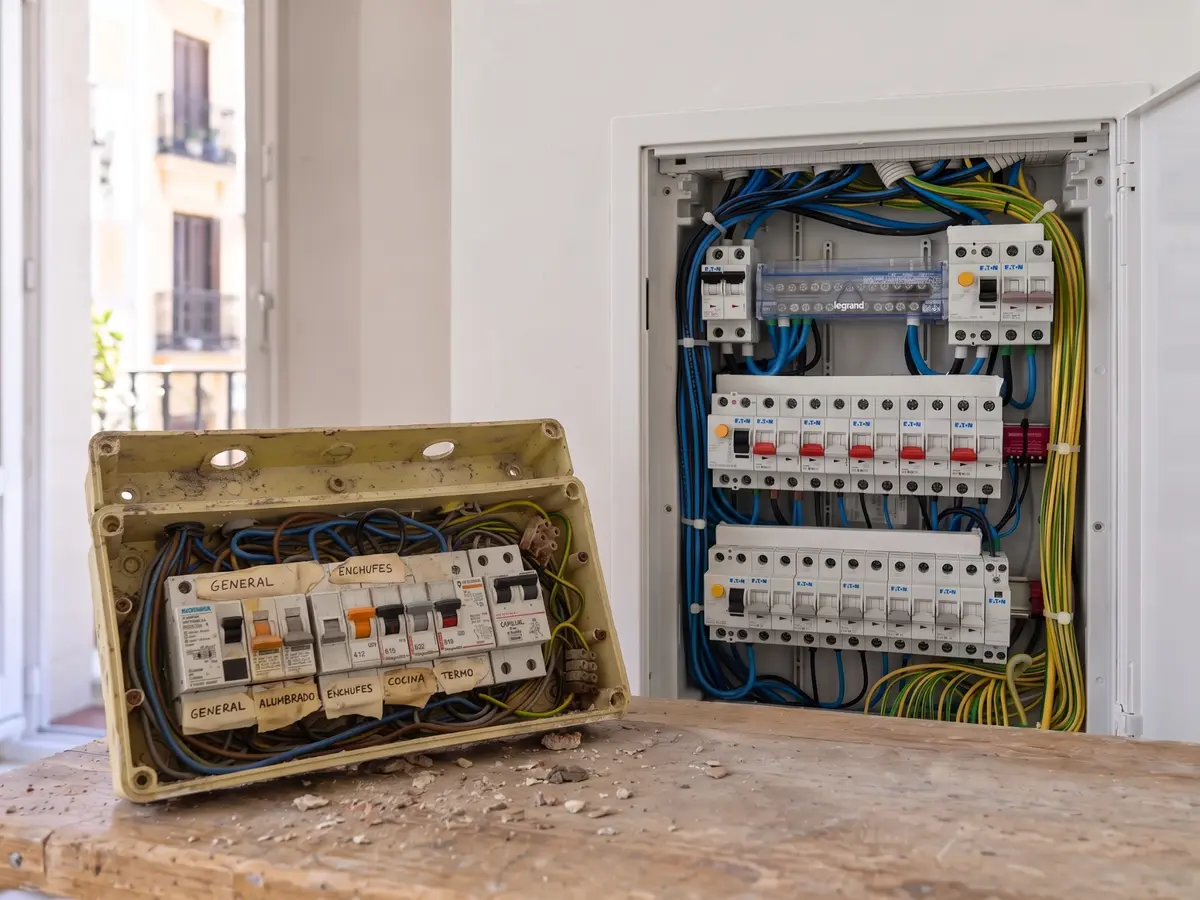 Comparación entre una instalación antigua retirada y un cuadro eléctrico moderno ya instalado