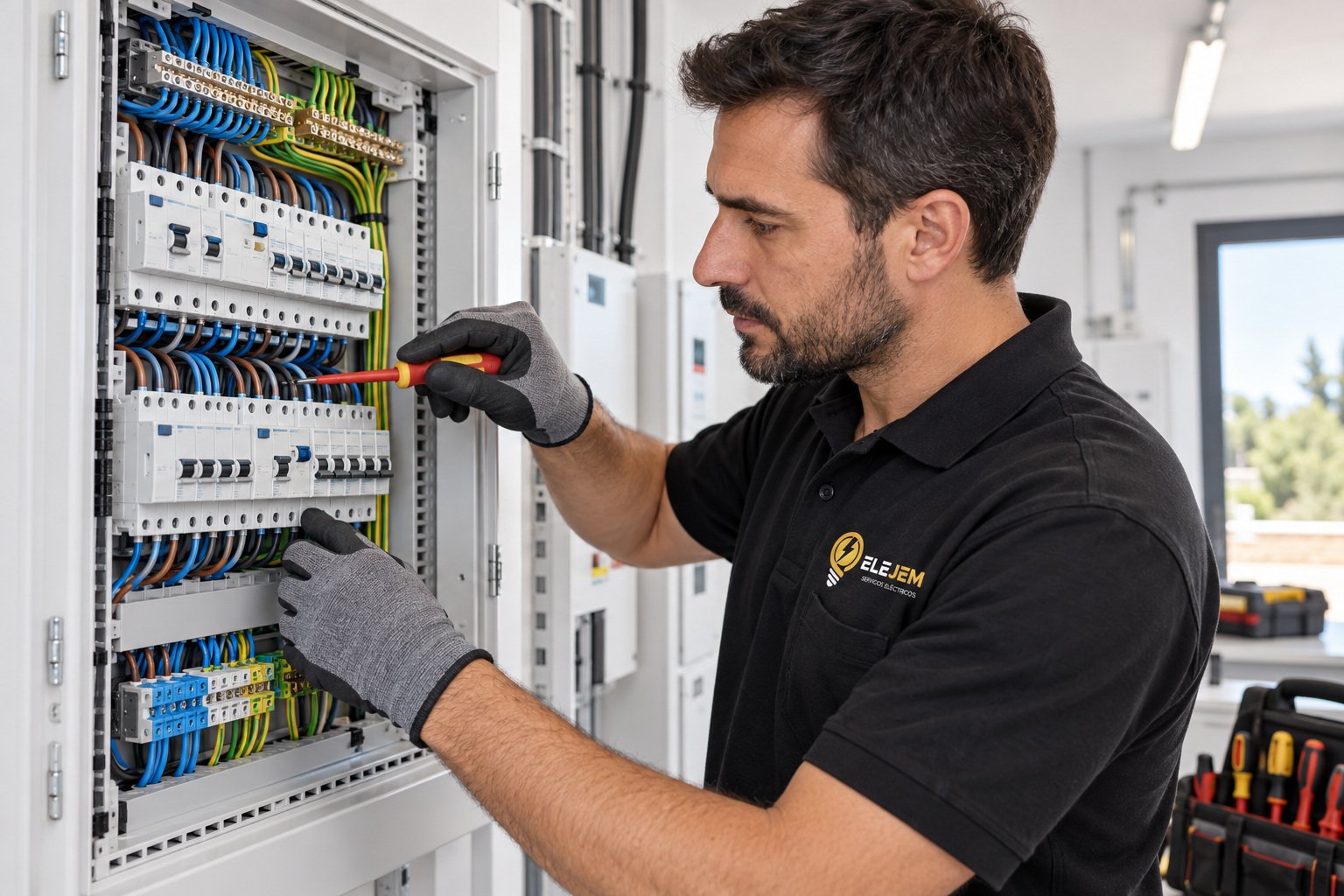 Profesional de ELEJEM revisando un cuadro eléctrico moderno